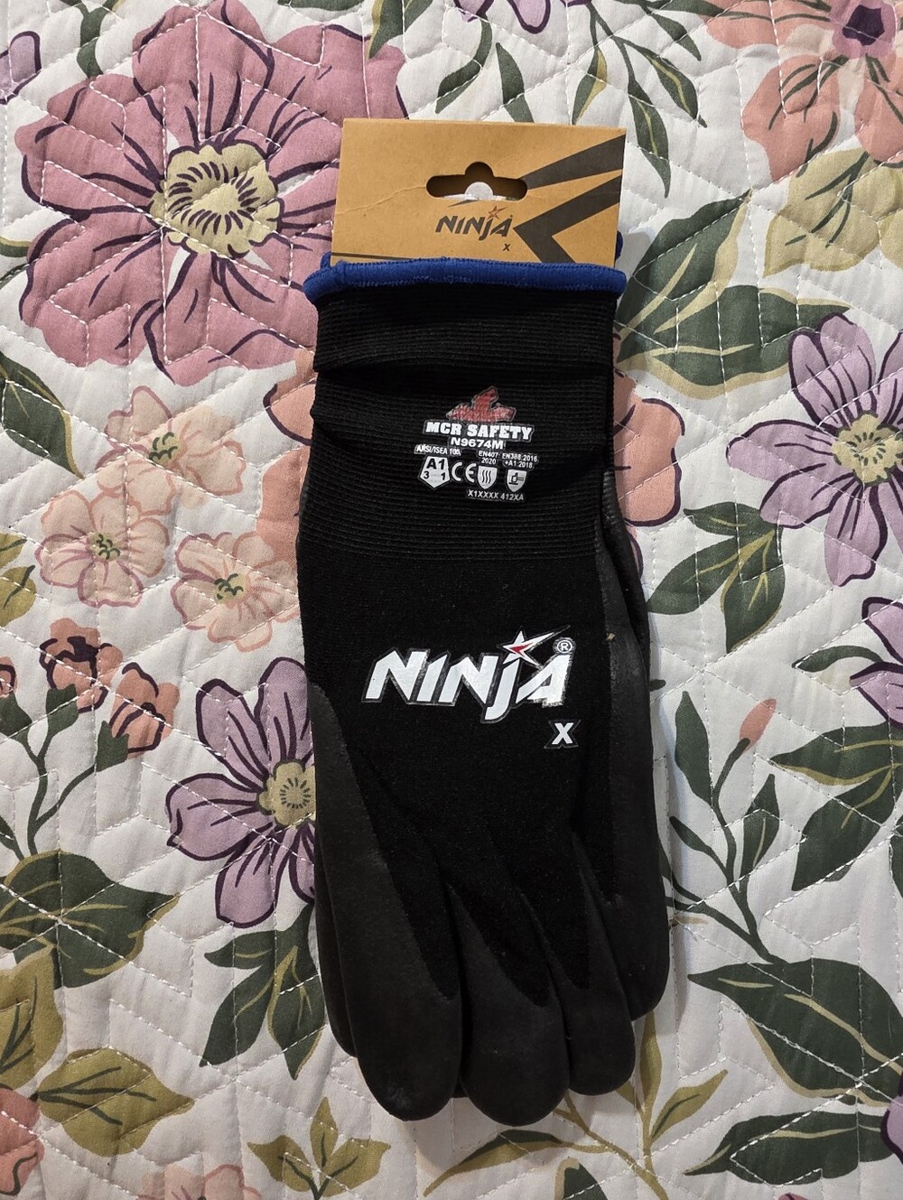 NWT Ninja Black Work Gloves with Blue Trim, Size M